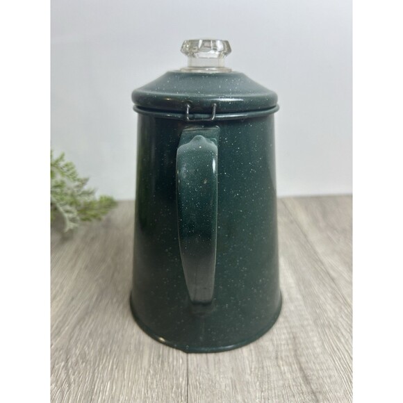 Vintage Coffee Pot Percolator, Camping Pot Enameled Green With White Speckles - Picture 2 of 13